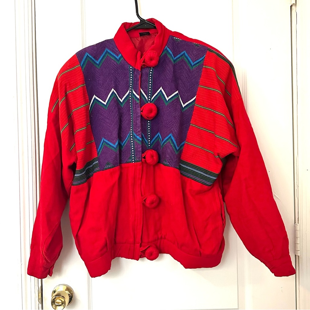 Vintage Guatemalan Red Woven Coat, Size Large